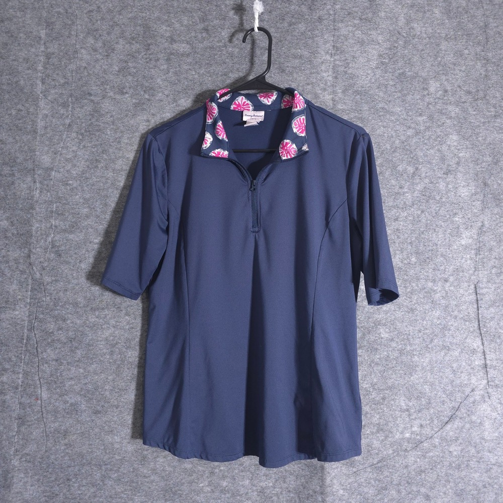 Tommy Bahama Golf Polo Shirt Womens Large‎ Blue Pink Floral Collar 1/4 Zip